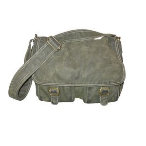 Fossil 54 Dark Green Brushed Canvas Multi-Pocket Fold Over Messenger Bag 12X9X4"
